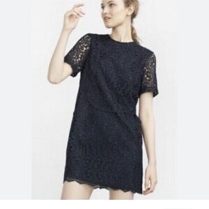 Zara Women Navy Lace Shift Shortsleeve Mini Sheeth Formal Wedding Dress XS